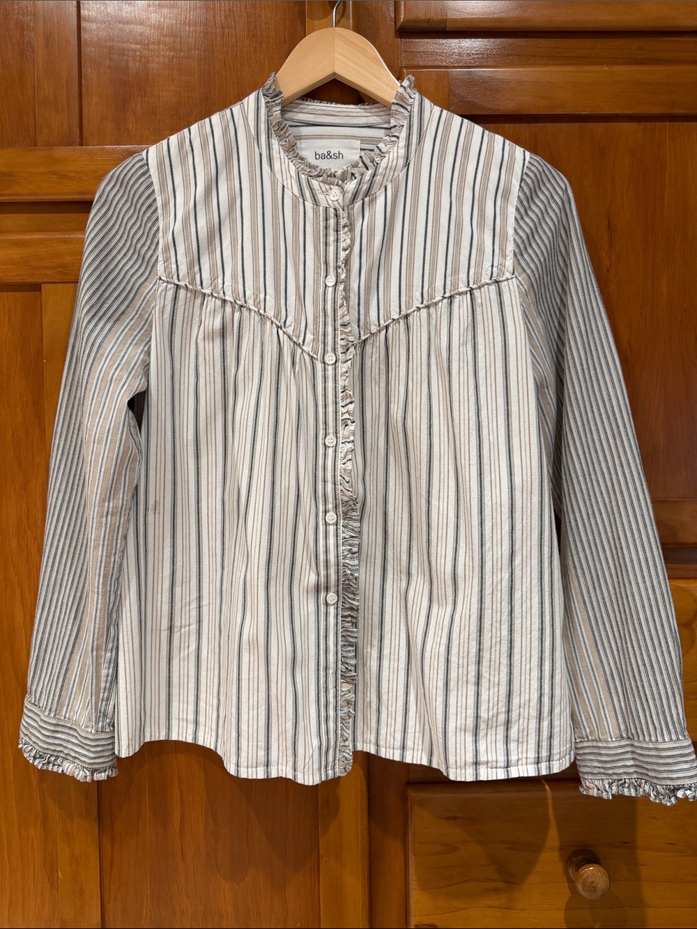 ba&sh Cream and Gray Striped Ruffle-Trim Button Blouse
